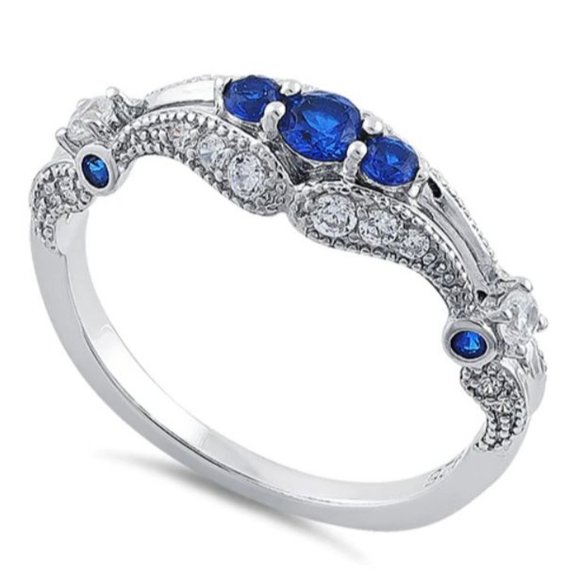 925 STERLING SILVER Antique Style Blue Spinel Cubic Zirconia Filigree Ring - Picture 1 of 16